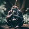 A close up of a gorilla sitting on a rock. Generative AI image.