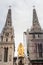 Close up on the gothic clocktower of Zagrebacka Katedrala, or Zagreb cathedral, in afternoon from Kaptol district.