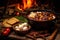 close-up of goulash ingredients beside roaring campfire