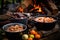 close-up of goulash ingredients beside roaring campfire