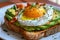 A close-up of a gourmet avocado toast topped with a perfectly fried egg Healthy Breakfast. Egg and Avocado Toast