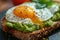 A close-up of a gourmet avocado toast topped with a perfectly fried egg Healthy Breakfast. Egg and Avocado Toast