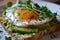 A close-up of a gourmet avocado toast topped with a perfectly fried egg Healthy Breakfast. Egg and Avocado Toast