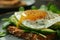 A close-up of a gourmet avocado toast topped with a perfectly fried egg Healthy Breakfast. Egg and Avocado Toast