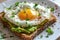 A close-up of a gourmet avocado toast topped with a perfectly fried egg Healthy Breakfast. Egg and Avocado Toast