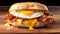 Close-up of a greasy and delicious breakfast sandwich