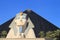 Close up of Great Sphinx of Giza and Pyramid tower, Luxor hotel