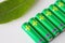 Close up of green alkaline batteries