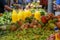 Close up of green fruits and vegetables at a fruit stall at Mercado Ver o Peso, Belem, State of Para, Amazon region, Brazil, South