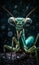 Close-up of a green praying mantis on a wet surface. AI generated