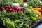 close-up of green salad, with cherry tomatoes, bell peppers, and other fresh vegetables