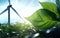 Close-up of a green with a wind turbine on the background. Representation of clean renewable energy generation, sustainability and