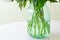 Close-up gren fresh flower bouquet stem in transparent glass jar vase with clean water on table in room indoor. Details bootom