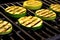 close-up of grill-marked zucchini slices on grill rack