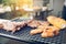 Close up grill with meat and sausage ready for socializing celebrate at outsite home