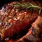 Close up of a grilled ribeye steak. Cooked beef steak with butter, rosemary, herbs and salt. Medium rare Prime Black Angus Ribeye