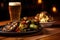 close-up of grilled vegetables and a pint of amber craft beer