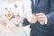 Close up Groom hand and bride. Young male and female couple marry show holding hands