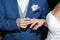 Close up; Groom`s hands putting wedding ring on his wife on the wedding day