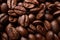 Close up of group black coffee beans. Strong black espresso, Grounds of coffee background, texture