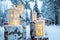 Close Up Of Group Of Burning Lanterns On The Tree Stumps In The