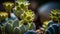 a close up of a group of small cactus plants in a garden