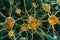 Close-up of a group of yellow neurons firing in the human brain