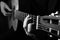 Close up of an guitar being played. Black and white photo