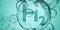 Close up of H2 hydrogen symbol in bubble floating between other bubbles on green background, clean energy, liquid hydrogen or