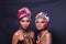 Close Up half body of 20s Asian two Woman with Fashion make up African hill Tribe style