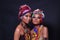 Close Up half body of 20s Asian two Woman with Fashion make up African hill Tribe style