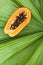 Close up on the half cut of fresh ripe papaya on green palm leaf.