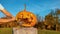 CLOSE UP: Halloween pumpkin with scared face getting smashed with baseball bat