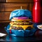 close up of a hamburger with a blue wrapper, Macro of burger