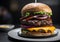 Close-up of hamburger with cheese and onion on dark background.