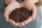 Close up hand of asian woman holdling fertilizer compost in her hand, Selective focus