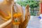 Close up Hand of The Buddha statue gold color hold flower garland in temple