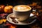 A close up of a hand cradling a warm coffee surrounded by autumn hues, hygge concept, AI Generated