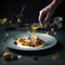 Close up of hand decorating food on plate created using generative ai technology