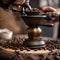 A close-up of a hand grinding coffee beans in a rustic manual coffee grinder1