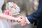 Close up hand groom couple lovers show wear the Wedding Ring on bride Holding hands together