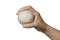 Close up hand holding a baseball on white background.
