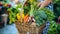 Close up hand holding basket with fresh colorful vegetables