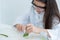 Close up hand of little scientist girl use forceps hold Aloe vera and use blade to cut into small pieces during analysis in