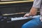 Close up hand Musician playing piano on outdoor.