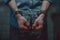 Close-up of handcuffed hands against a denim shirt