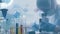 Close up handheld shot of chemists working in a laboratory filled with fumes or smoke