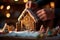 Close-up hands adding sweet decorations to a gingerbread house for Christmas