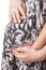 Close-up of Hands of Caucasian Couple Standing Together With Hands on Abdomen of Pregnant Female On White