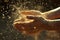 Close-up of hands clapping, causing a burst of dust particles illuminated by warm sunlight.